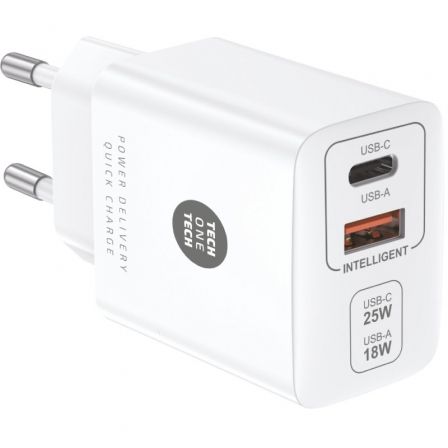 Tech One Tech Cargador Pared TEC2267 25W USB-C y USB-A Blanco
